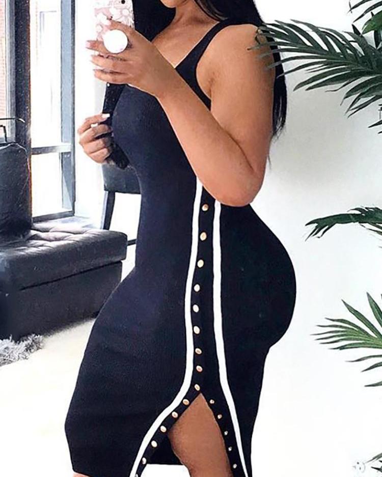 

Split Button Side Bodycon Dress, Black