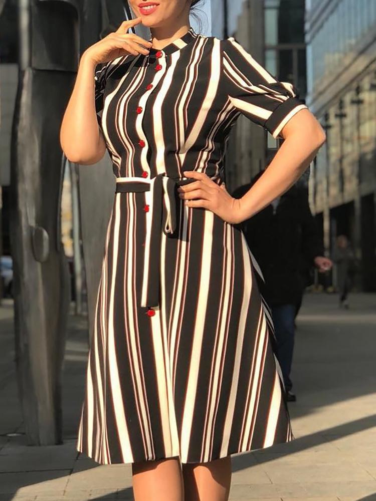 

Contrast Stripes Button Design Belted Dress