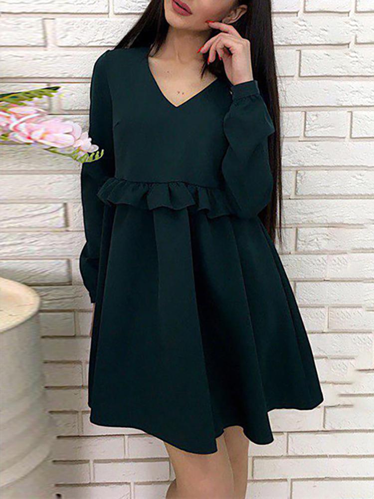 

V-Neck Ruffles Ruched Design Dress, Dark green