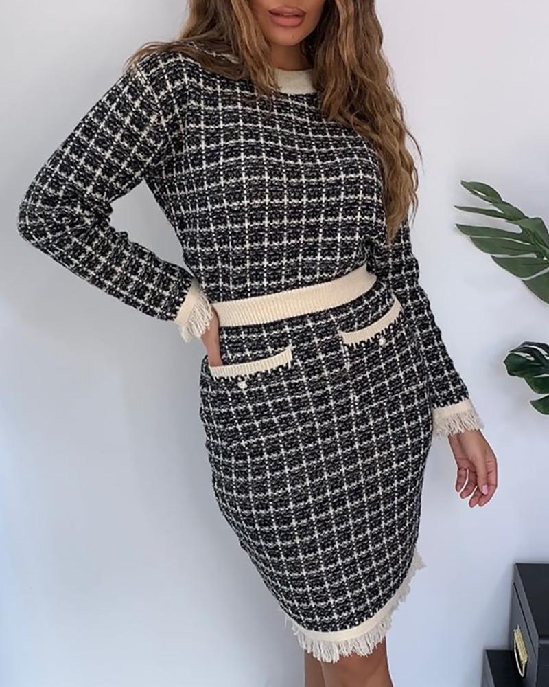 

Grid Tassel Design Top & Pocket Design Skirt Sets, Black