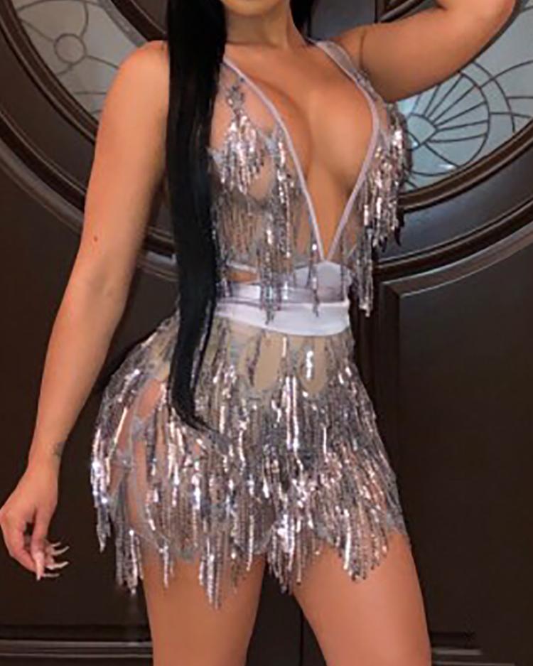 

Plunge Crisscross Open Back Sequin Party Dress, Silver
