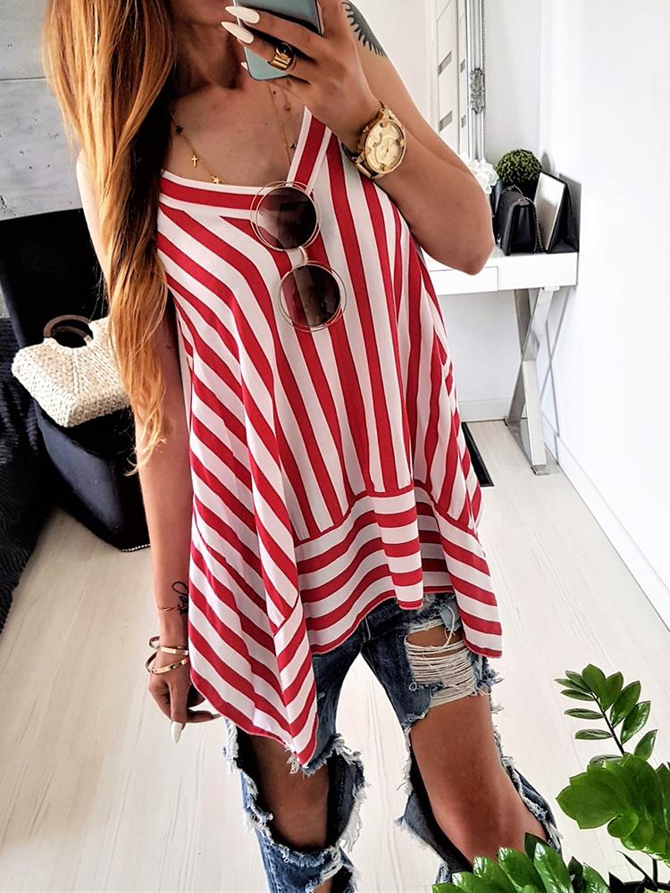 

Casual Striped V-Neck Sleeveless Irregular Top, Red