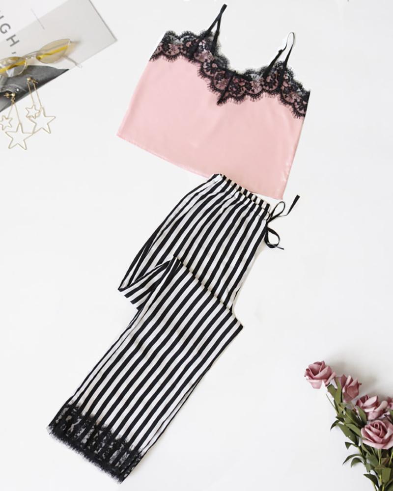 

Lace Trim Striped Cami Set, Pink