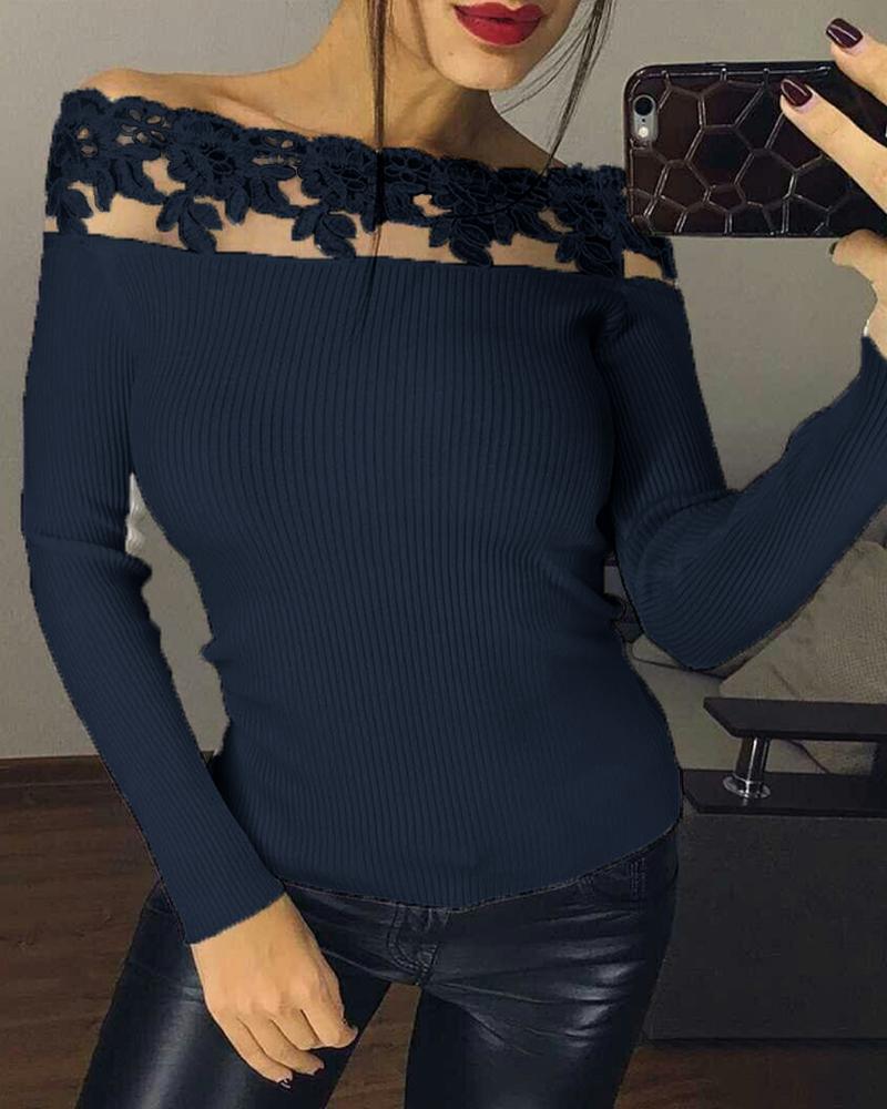 

Lace Ribbed Off Shoulder Casual Blouse, Purplish blue