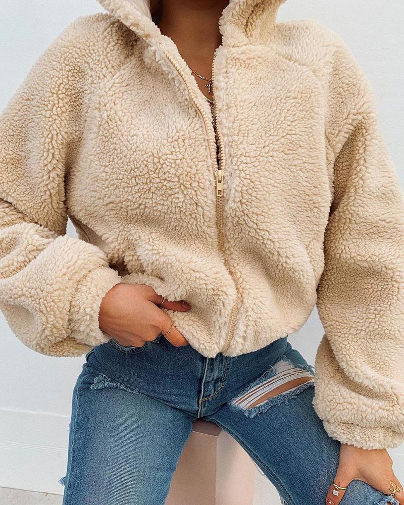 

Long Sleeve Zip Front Teddy Coat, Beige