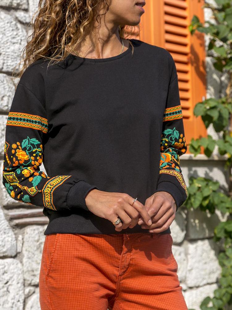 

Floral Print Round Neck Casual Sweatshirt, Black