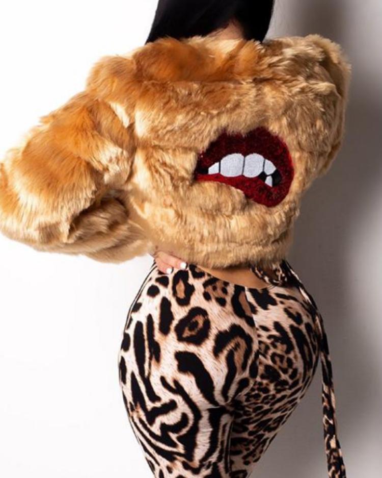 

Fuzzy Lips Sequin Patch Back Coat, Brown