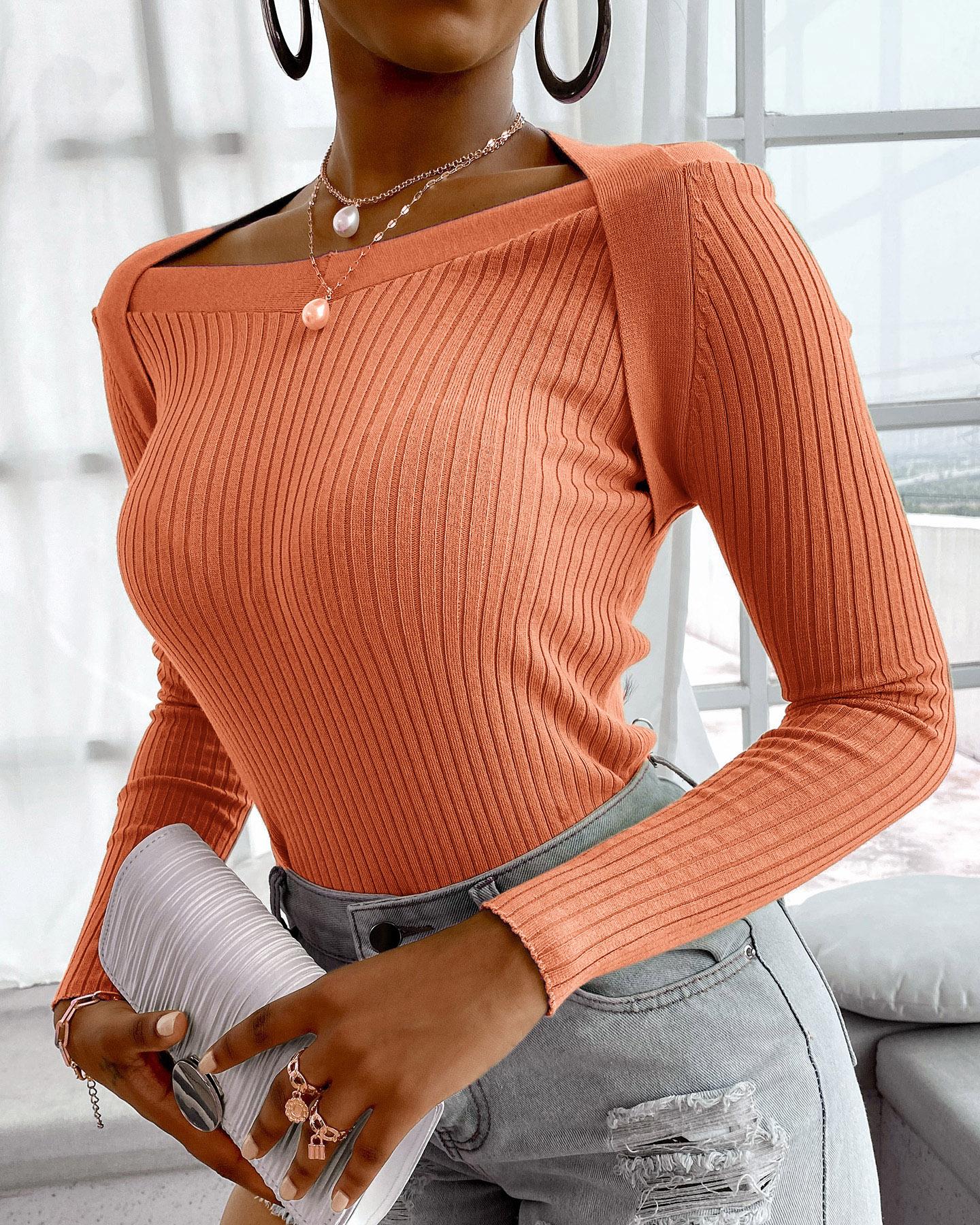

Plain Halter Long Sleeve Knit Sweater, Orange