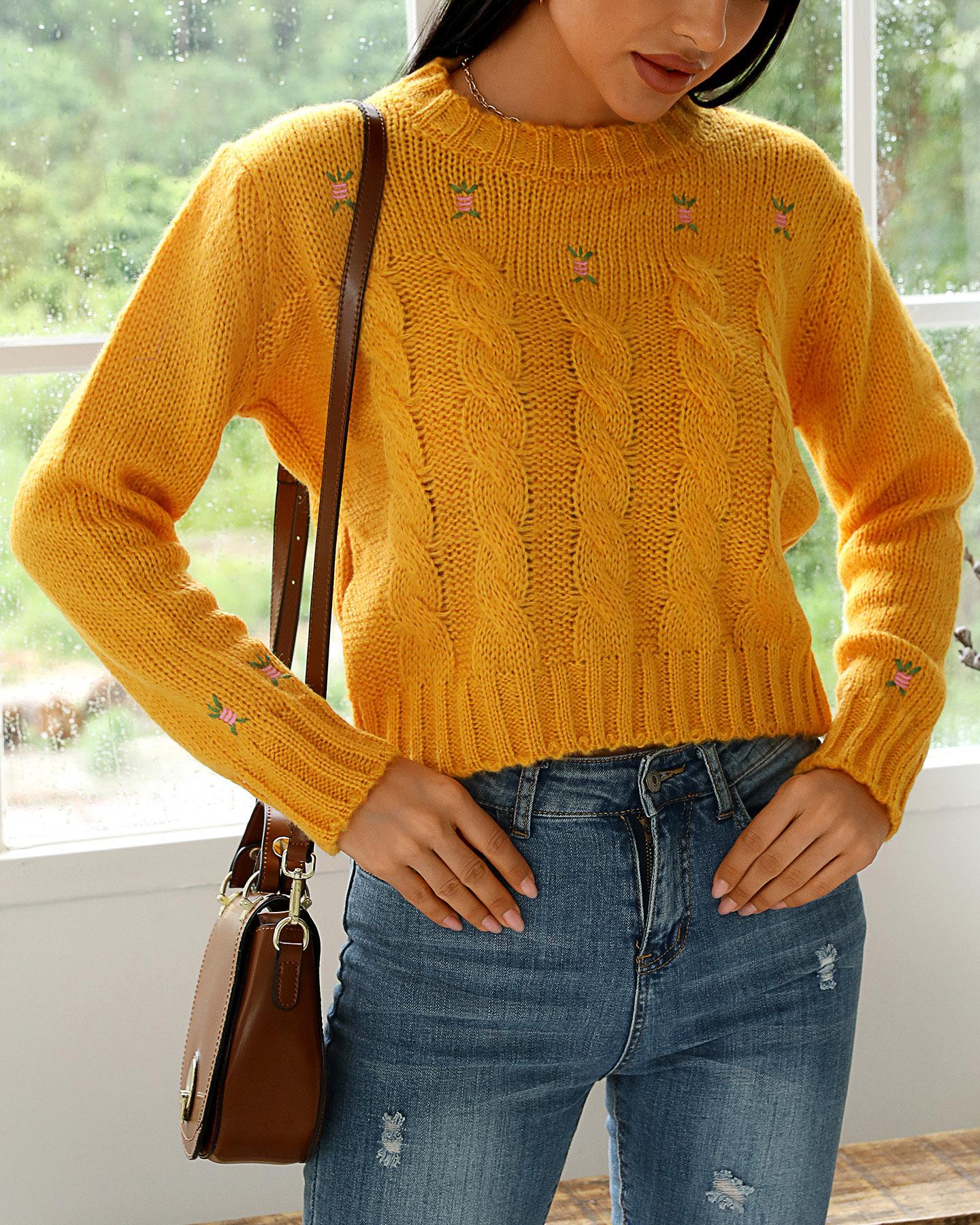 

Floral Pattern Cable-Knit Crop Top, Yellow