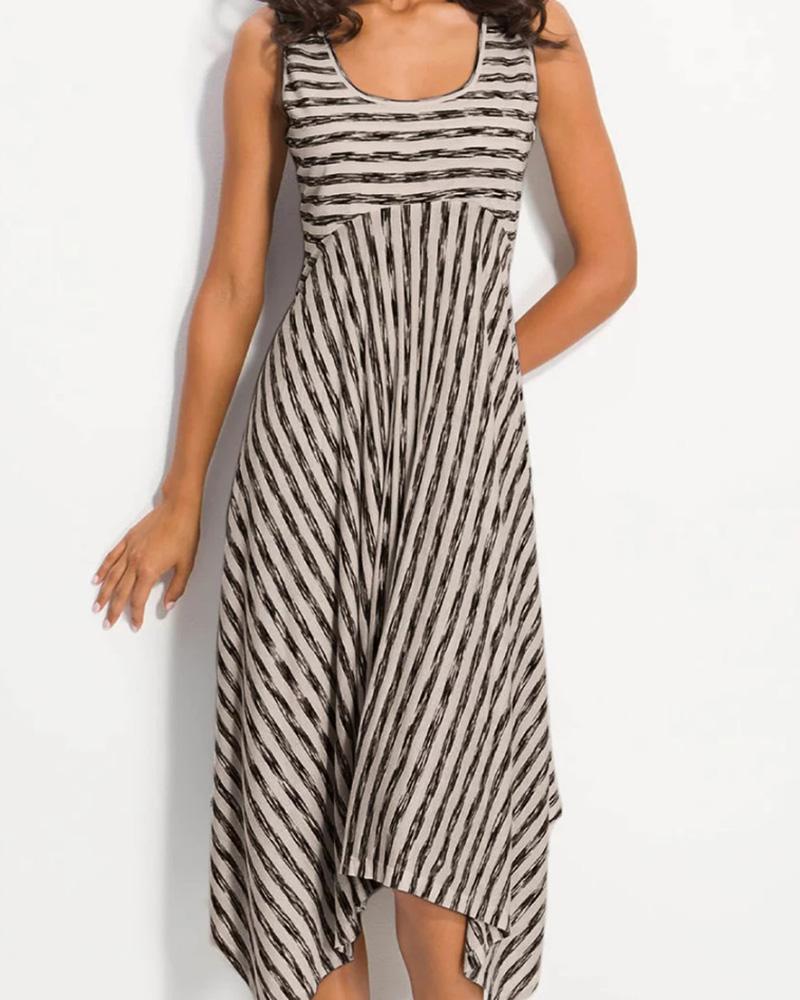 

Striped Print Asymmetrical Hem Casual Dress, Black