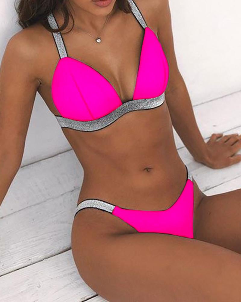 

Colorblock Glitter Ribbon Bikini Set, Hot pink