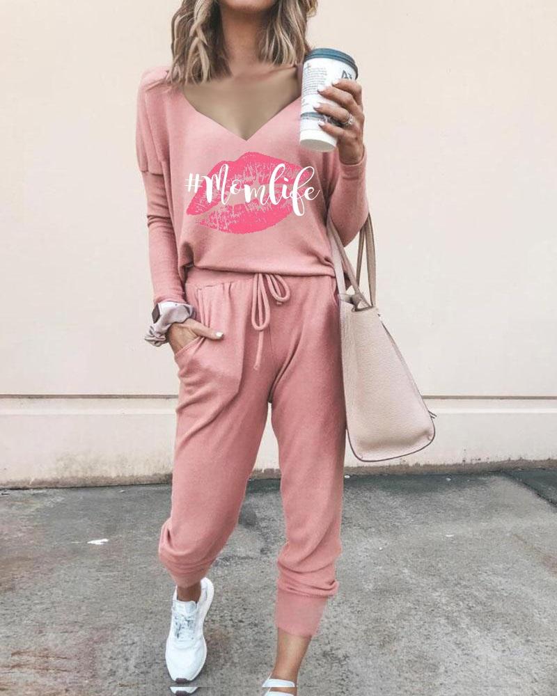 

Lip Print Letter Pattern V-Neck Top & Pants Set, Pink