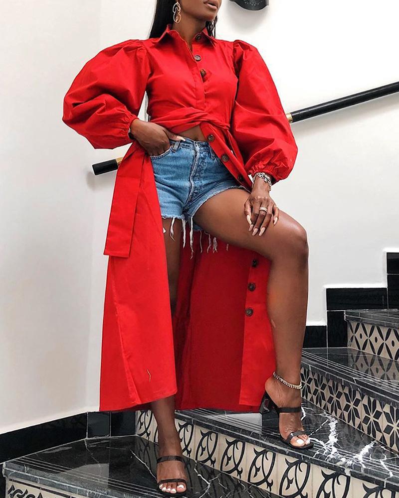 

Puff Sleeve Longline Tied Waist Coat, Red