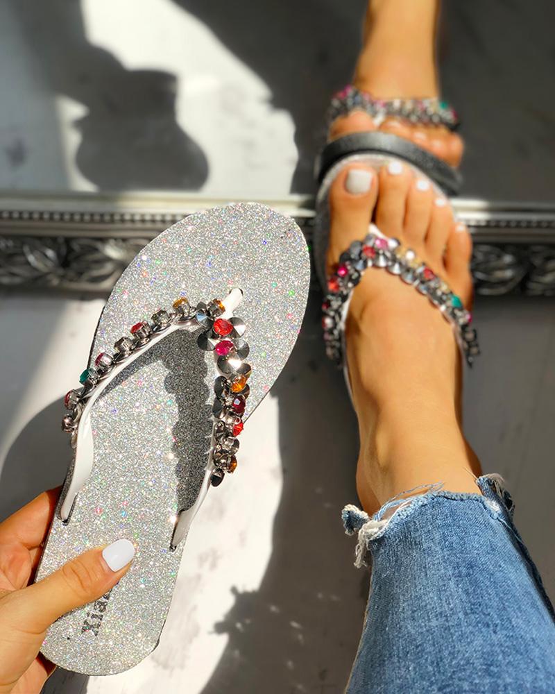 

Studded Toe Post Flat Slipper Sandals, Silver