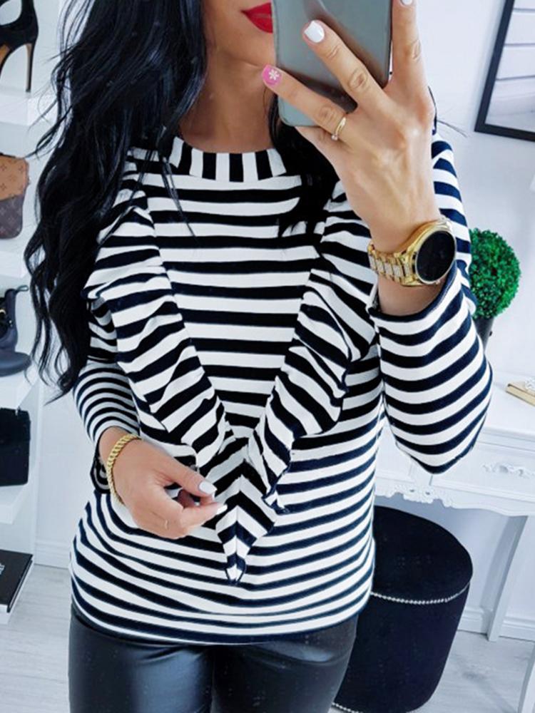 

Striped Ruffles Design Casual T-Shirt