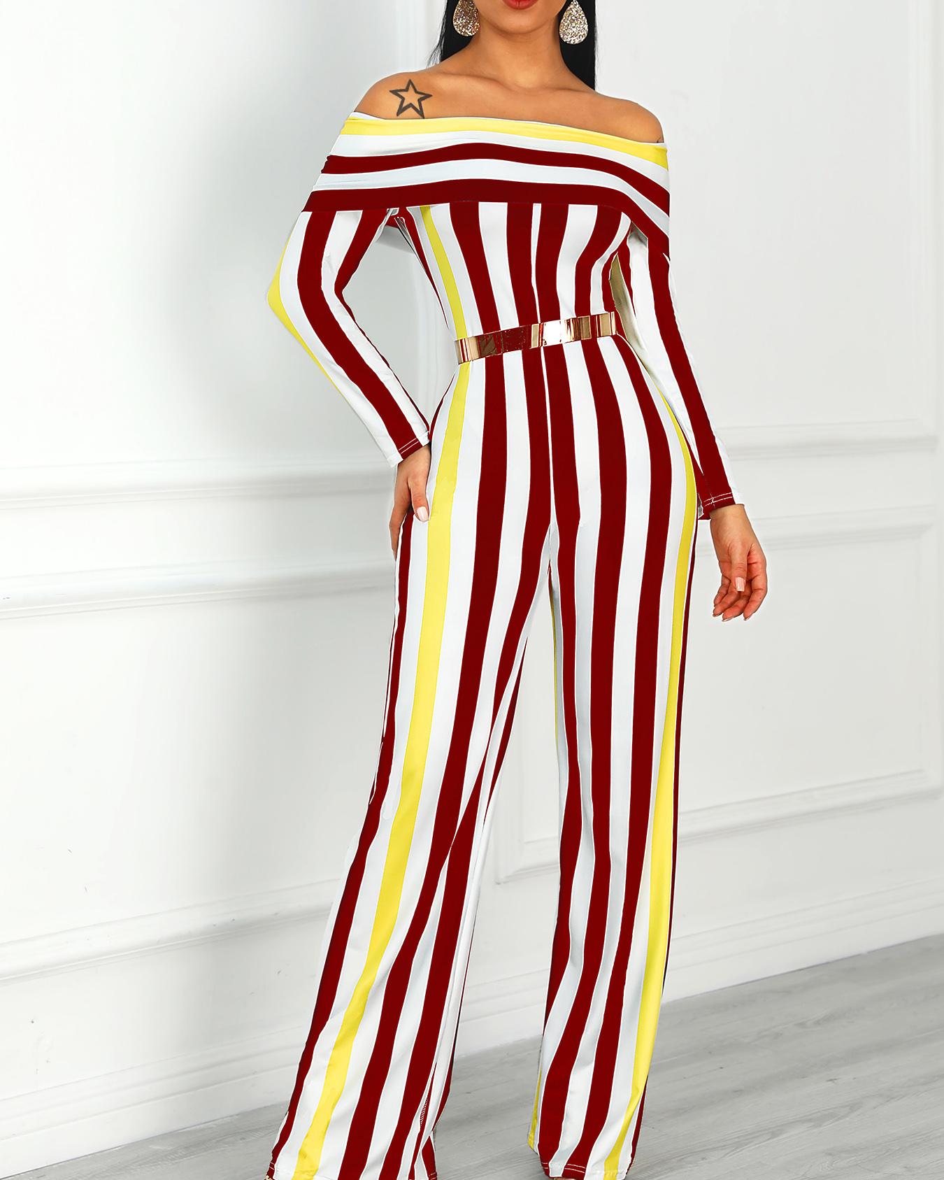 

Contrast Stripes Fold-Over Wide Leg Jumpsuit, Wine red