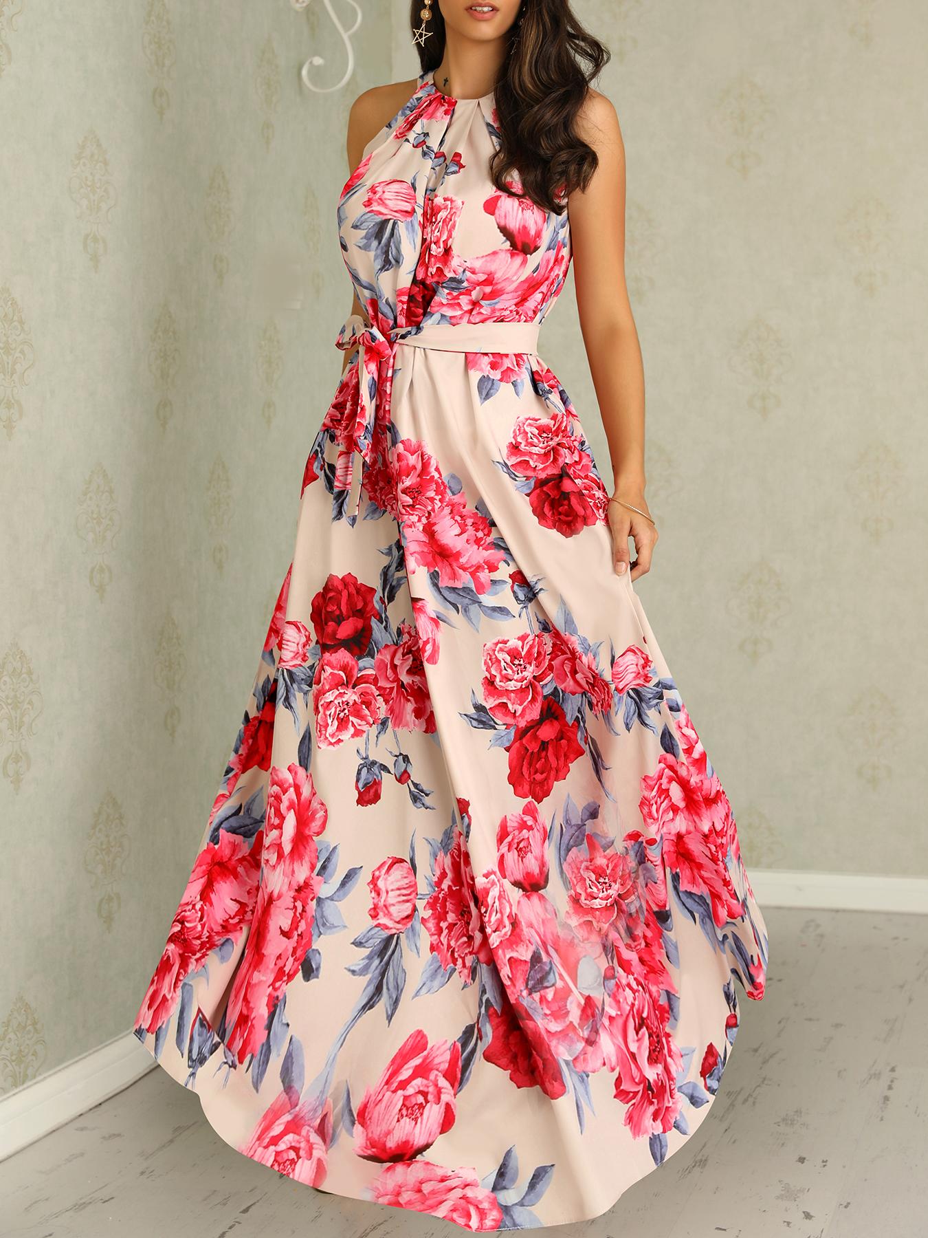 

Floral Print Sleeveless Belted Maxi Dress, Hot pink