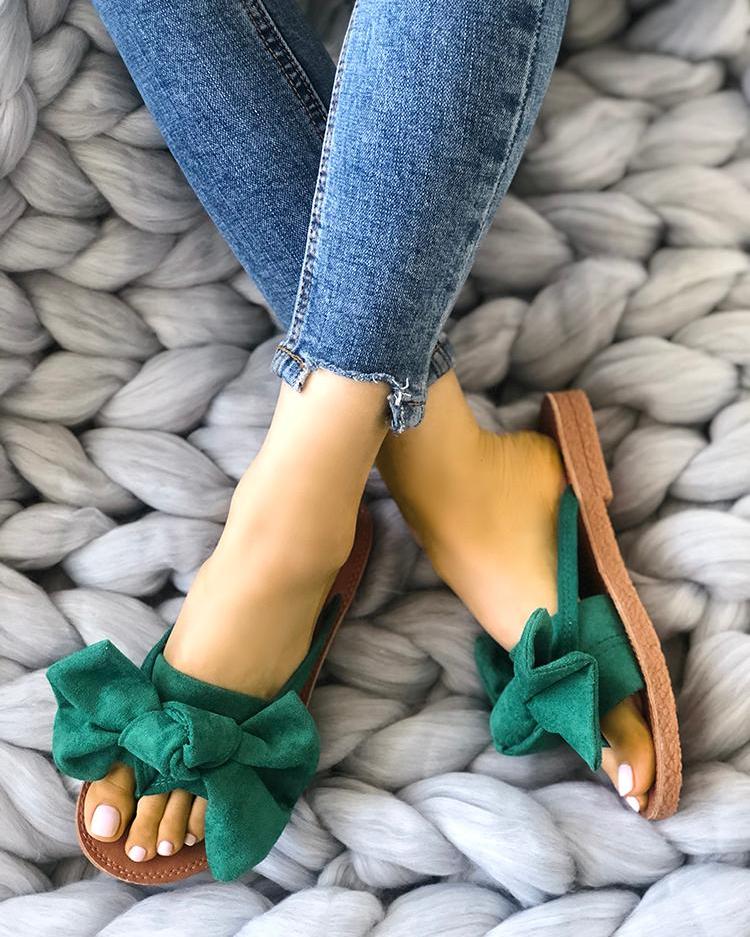 

Casual Bowknot Toe Post Flat Sandals, Green