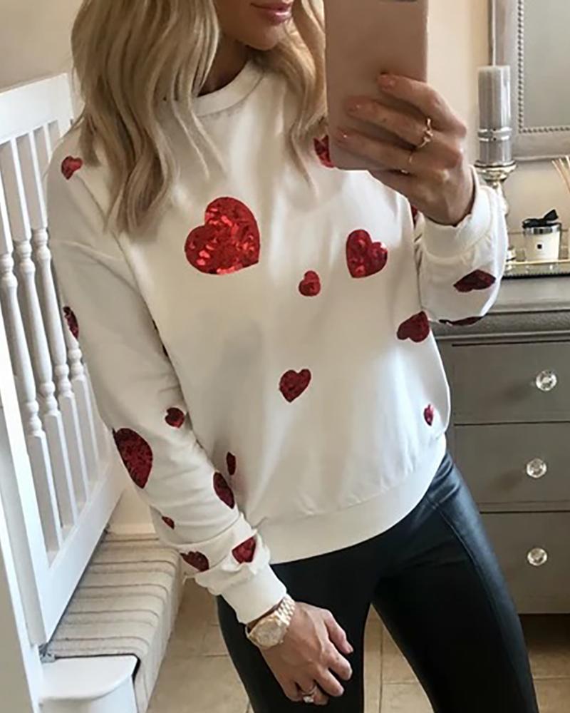 

Heart Sequins Long Sleeve Casual Sweatshirt, White
