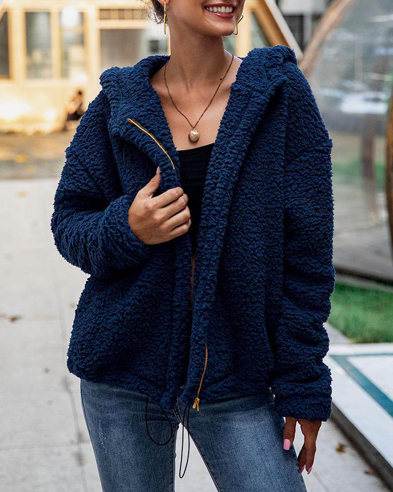 

Solid Long Sleeve Zipped Hooded Coat, Dark blue