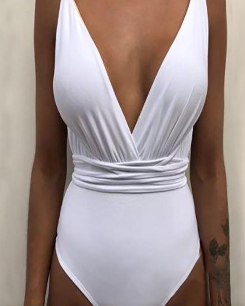 

Solid Spaghetti Strap One Piece Swimsuit, White