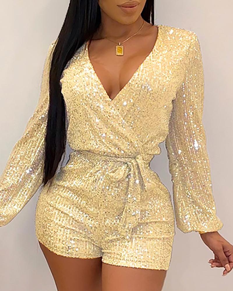 

Glitter V-Neck Lantern Sleeve Sequins Romper, Gold