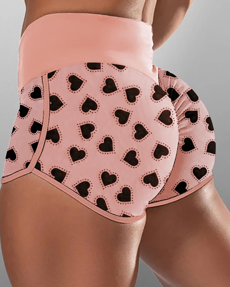 

Heart Print High Waist Yoga Shorts, Pink