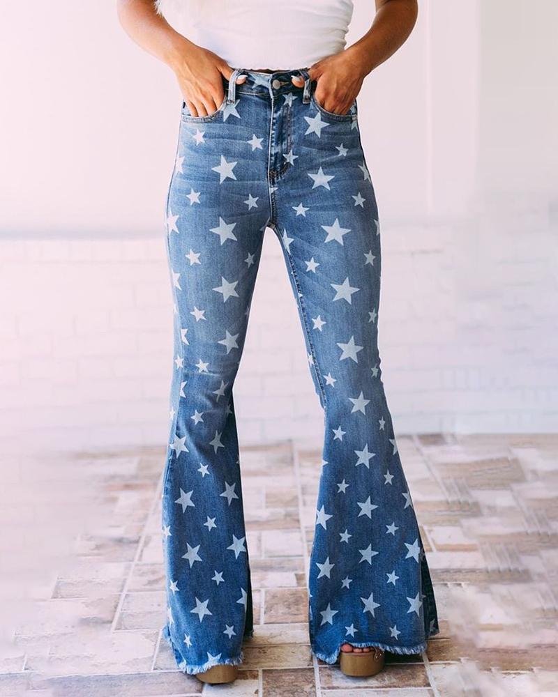 

Star Print Fringe Hem Bootcut Denim Pants, Blue