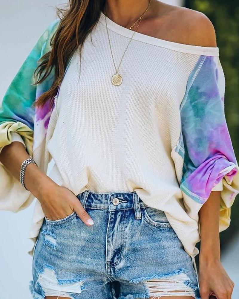 

Tie Dye Print Batwing Sleeve Casual T-shirt, Beige