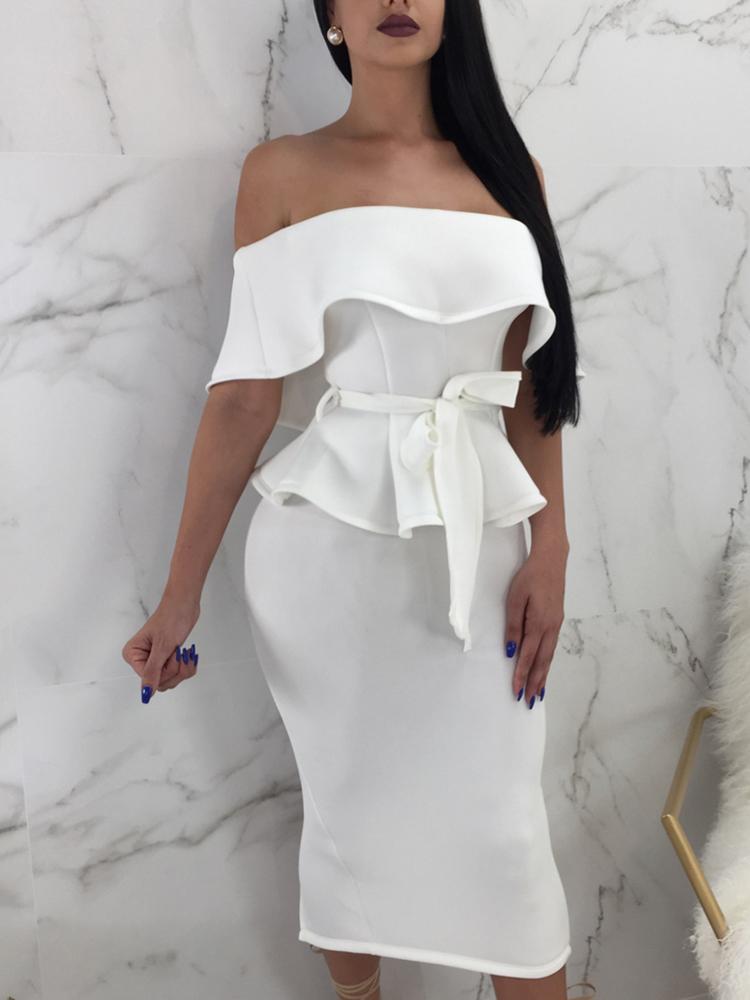 

Off Shoulder Belted Peplum Top & Pencil Skirt Set