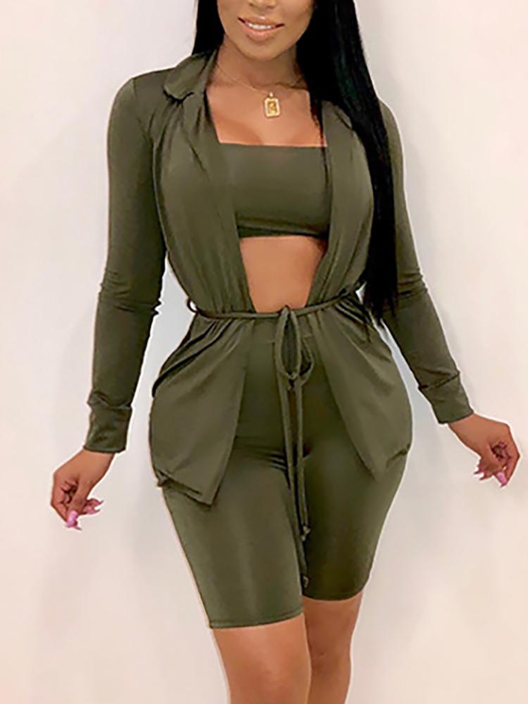 

3PCS Bandeau Top & Shorts With Shirt Sets, Army green