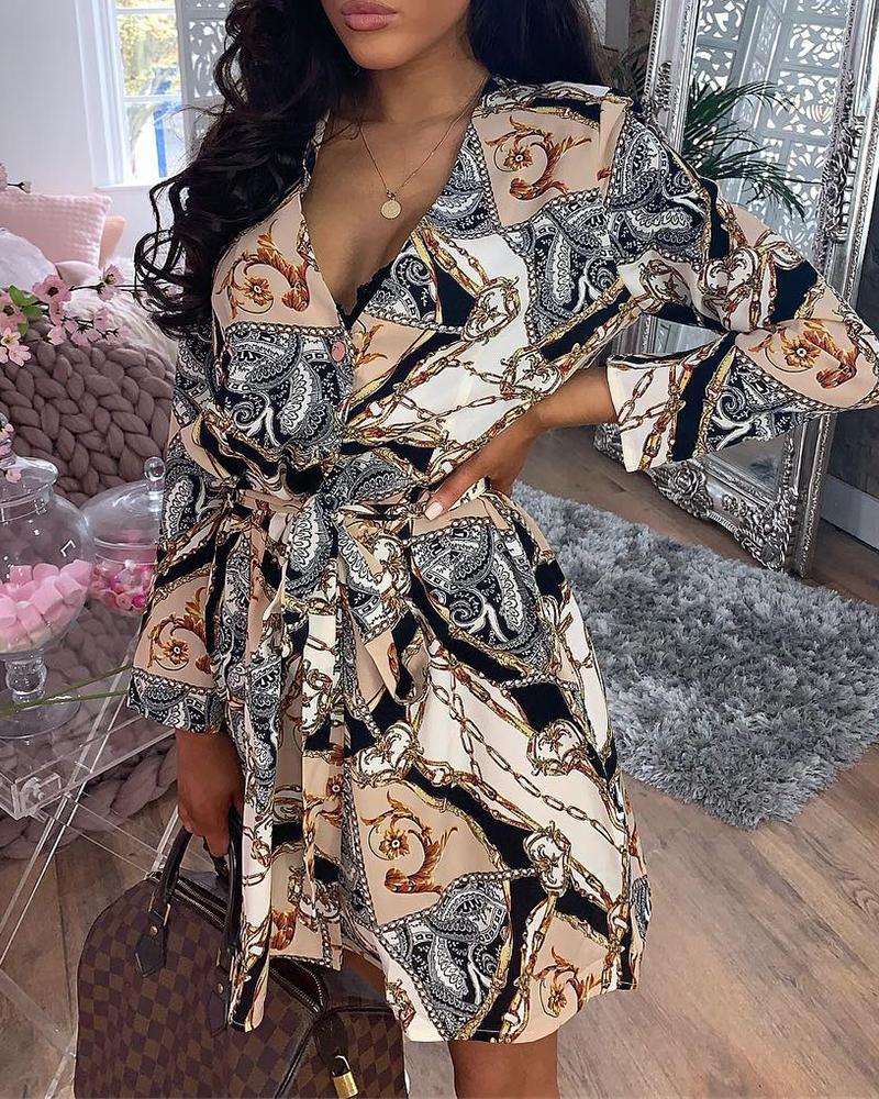 

Mixed Print Knotted Front Shirt Dress, Nude