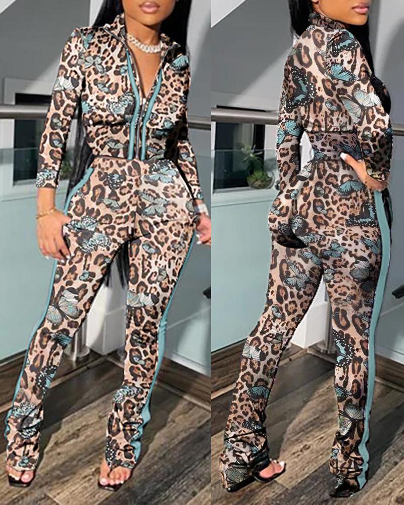 

Cheetah Butterfly Print Top & High Waist Pants Set, Leopard