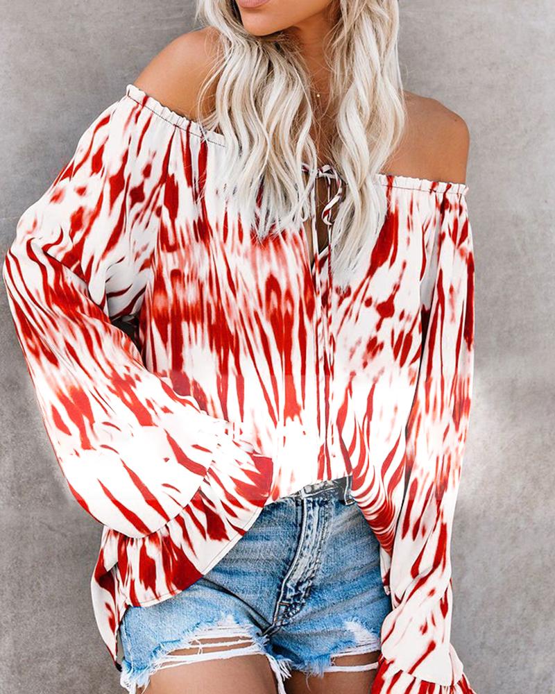 

Off Shoulder Tie Dye Print Ruffles Tied Front Casual Blouse, Red