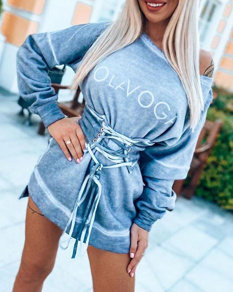 

Letter Print Eyelet Lace-up Long Sleeve Dress, Blue