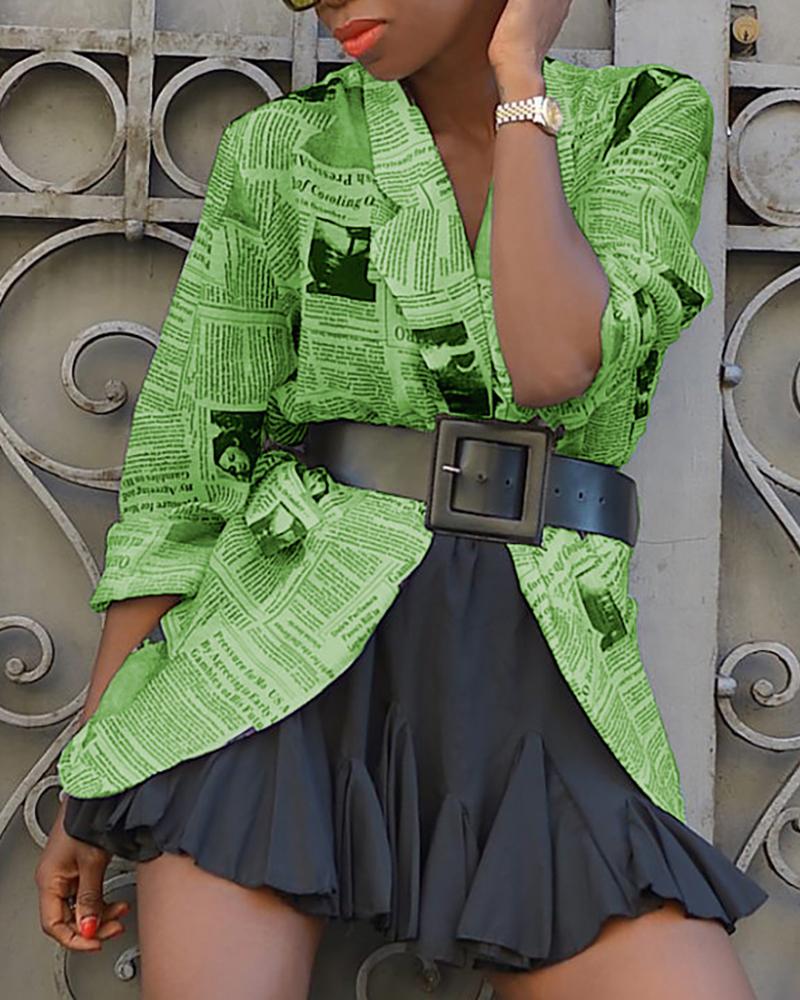 

Newspaper Print Notched Neck Long Sleeve Blazer, Green