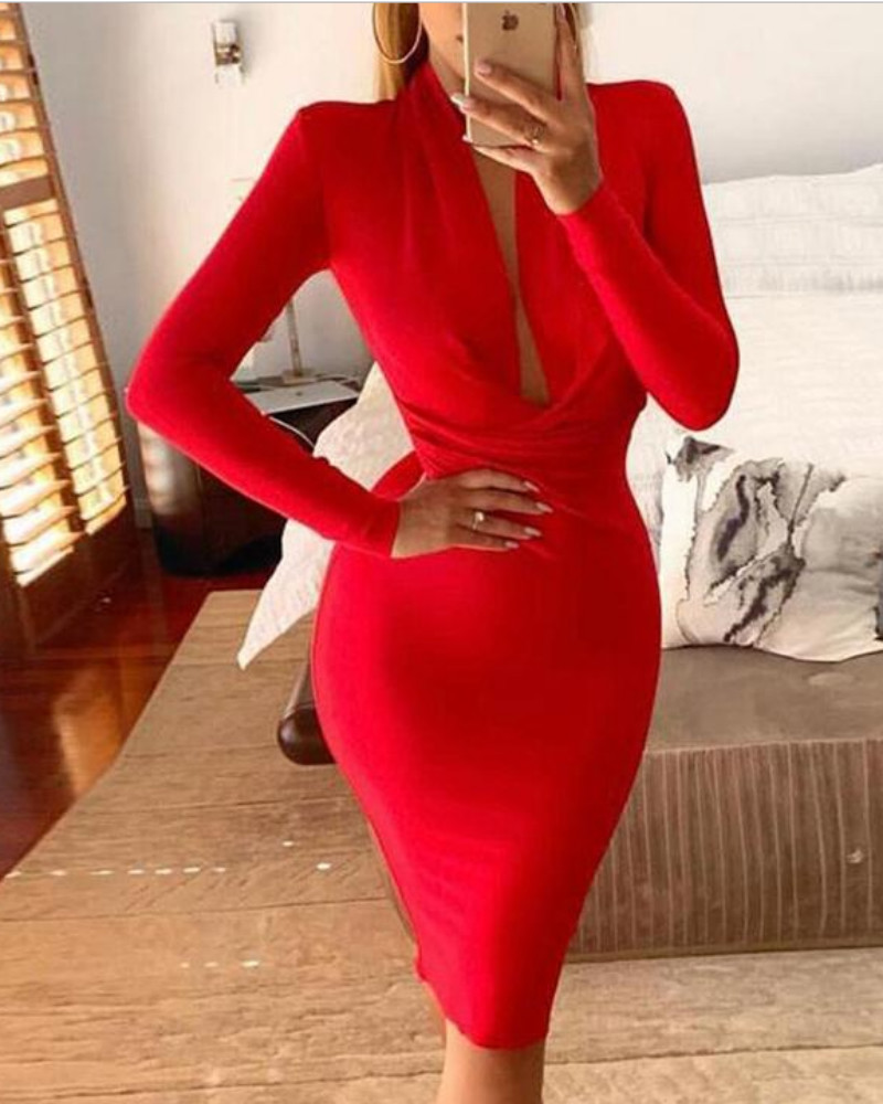

Deep V Waterfall Bodycon Dress, Red