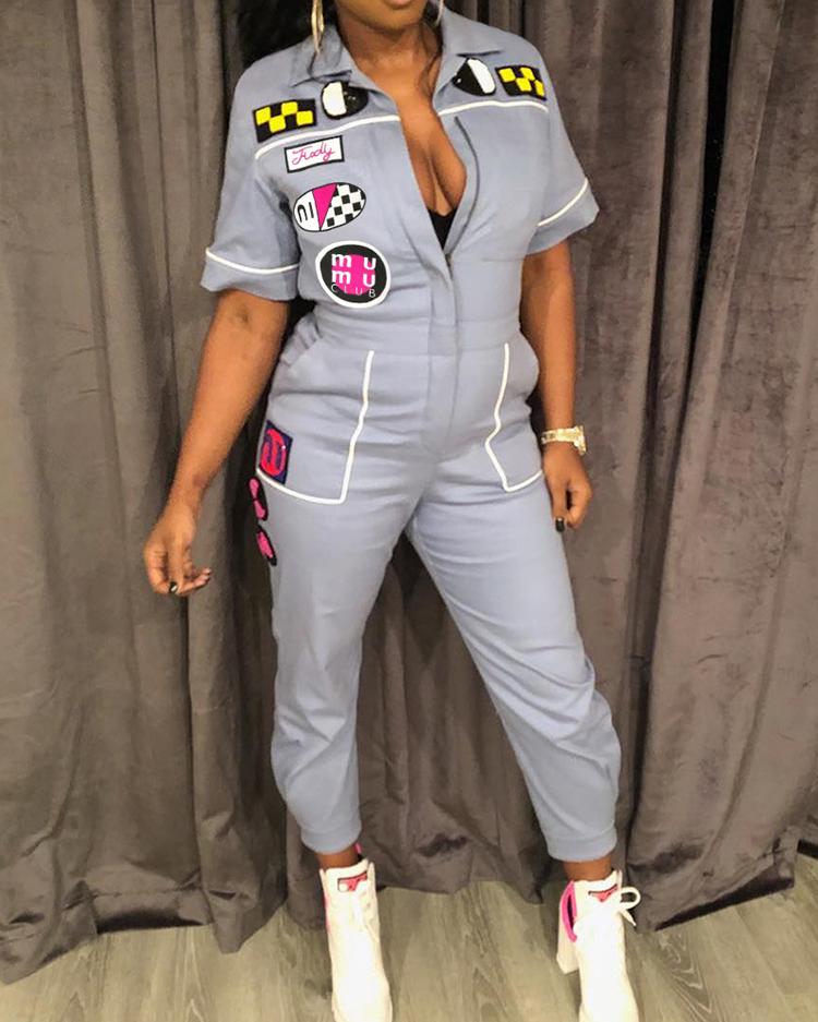 

Patch Detail Short Sleeve Casual Jumpsuit, Gray