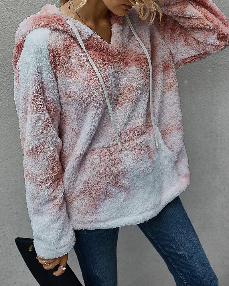 

Tie Dye Print Pocket Design Fluffy Hoodie, Pink