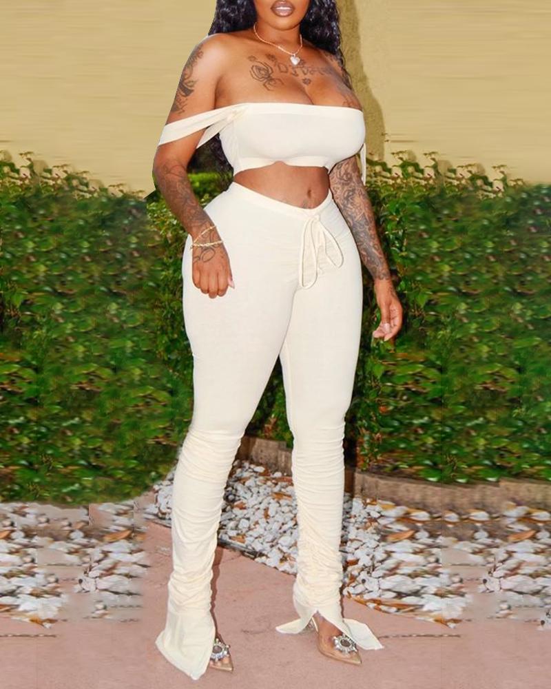 

Solid Thick Strap Casual Top & Drawstring Pants, Beige