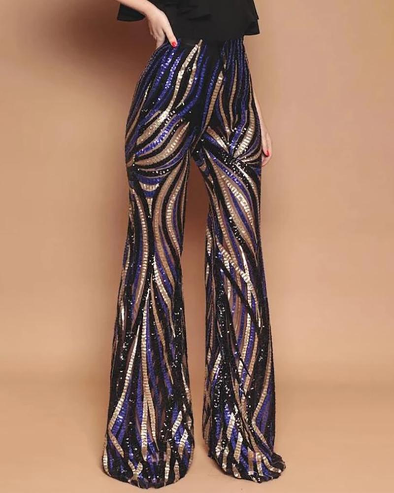 

Glitter High Waist Bell-bottomed Colorblock Striped Sequins Pants, Multicolor