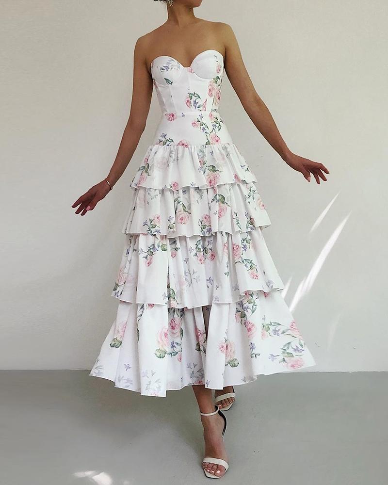 

Floral Print Bandeau Tiered Ruffles Maxi Dress, White