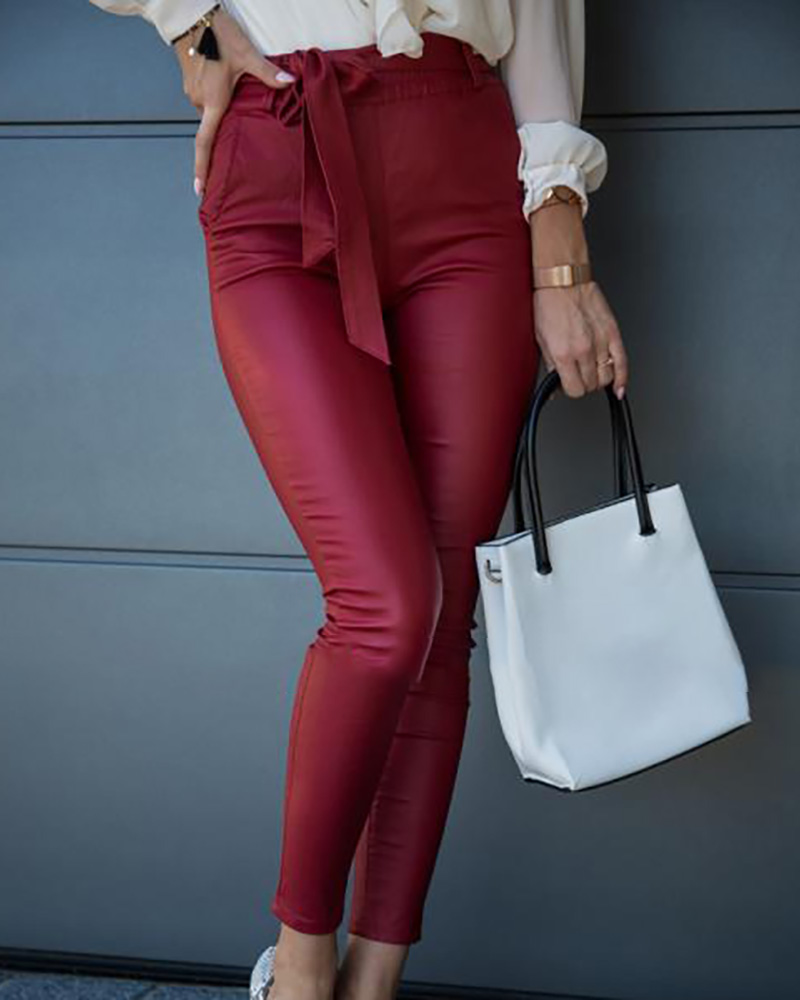 

Faux Leather Solid Casual Pants, Red