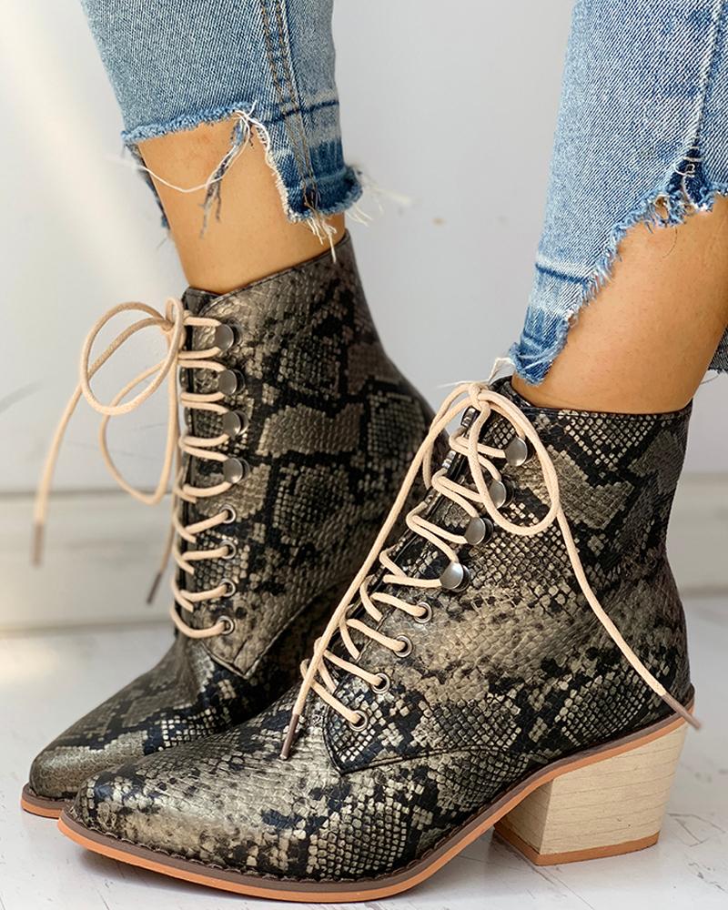 

Pointed Toe Lace-up Snakeskin Chunky Heeled Boots, Black