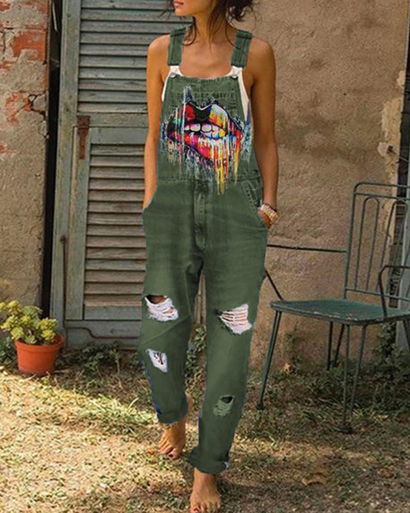 

Thin Strap Lip Print Ripped Suspender Jeans, Army green
