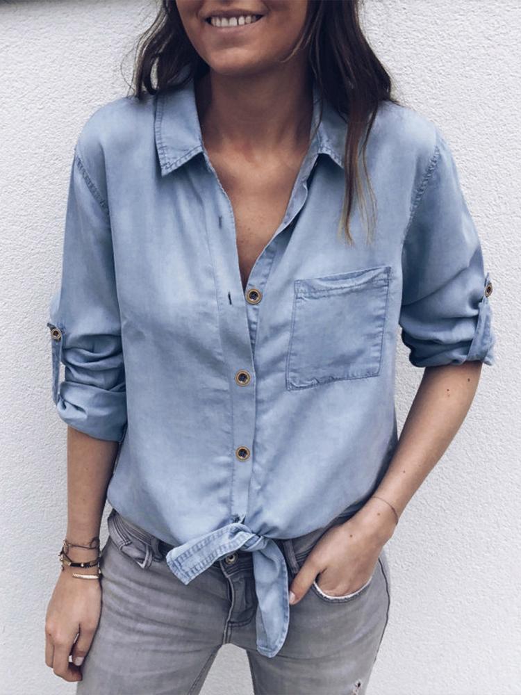 

Roll-up Sleeve Button Knotted Denim Shirt
