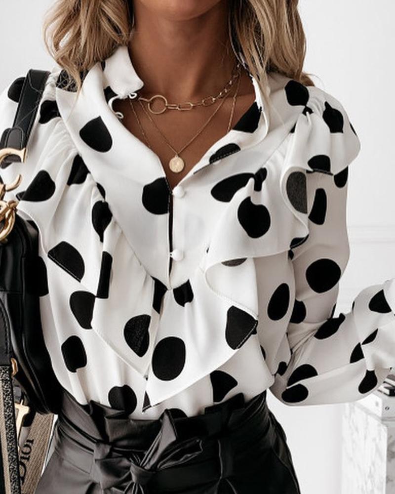 

Coin Dot Ruffles Buttoned Long Sleeve Top, Black&white