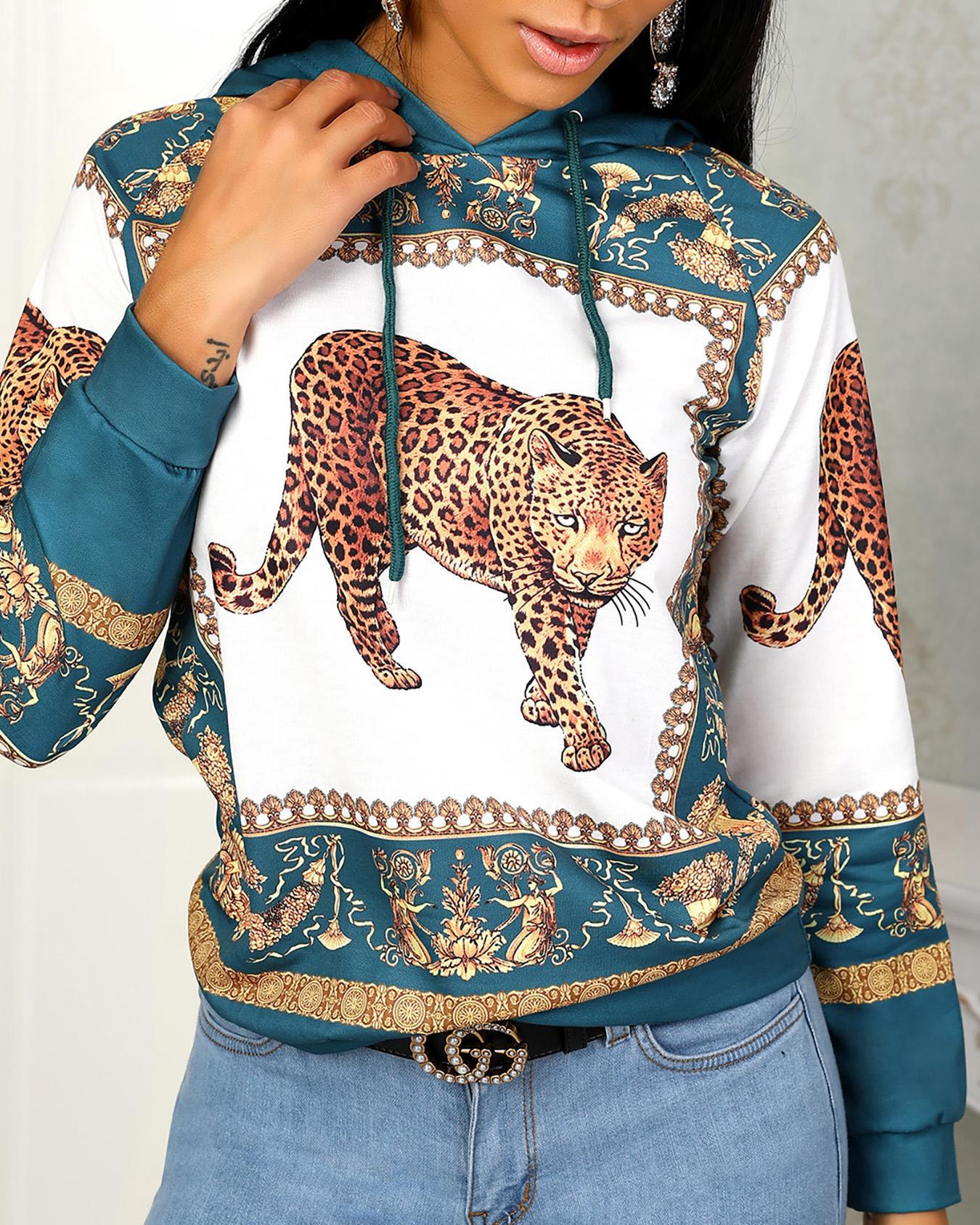 

Tiger Print Long Sleeve Casual Hoodies, Green