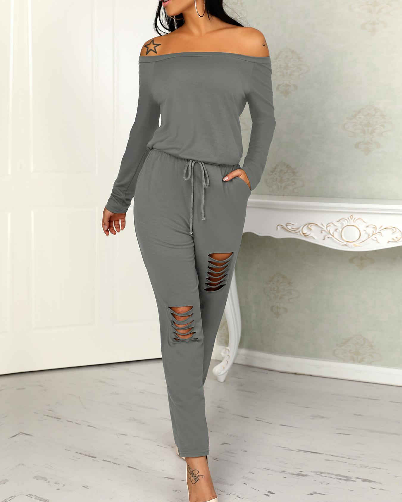 

Trendy Ripped Skew Neck Tied Waist Casual Jumpsuit, Gray