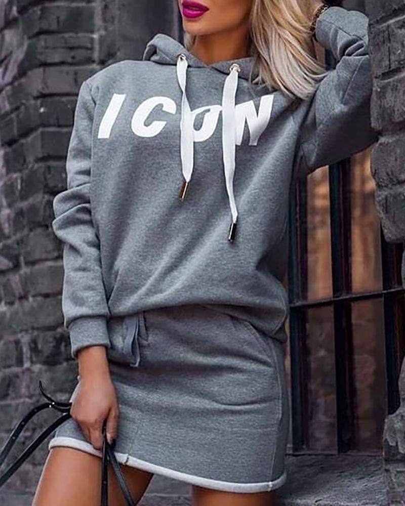 

Hooded Drawstring Letter Print Sweatshirt & Skirt Sets, Gray